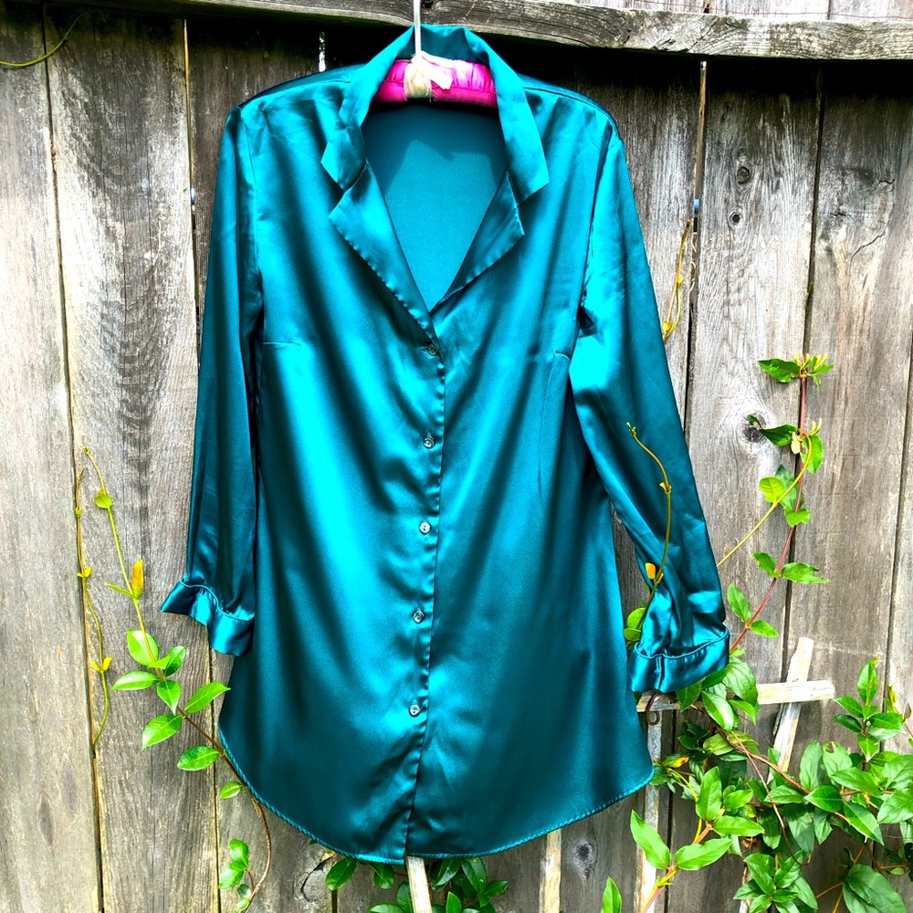 VICTORIA'S SECRET Women's Teal Green Chemise Dress SMALL Collared Long Sleeve